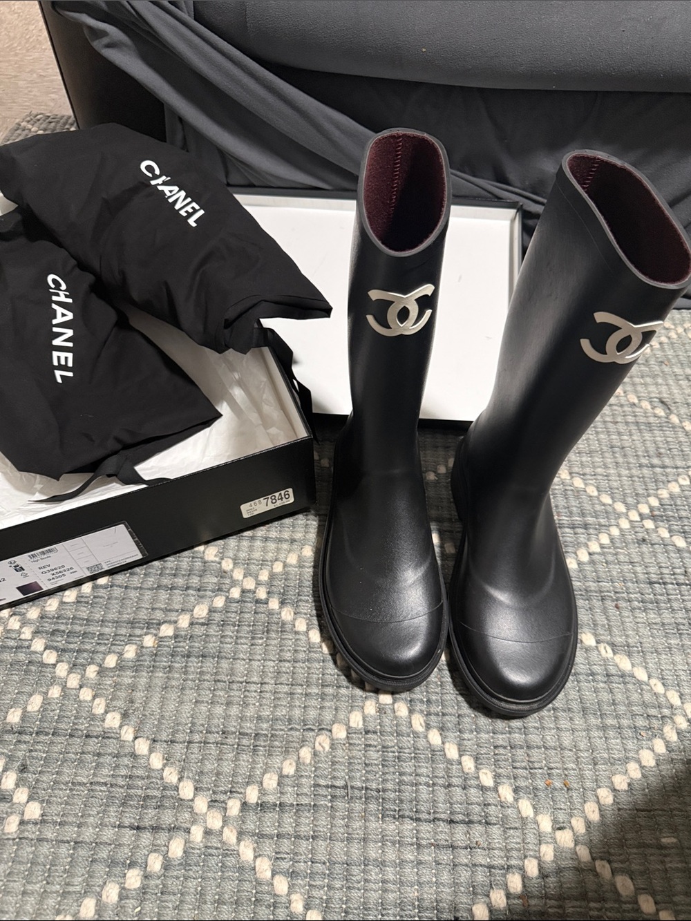 CHANEL Black Logo Knee-High Leather Boots